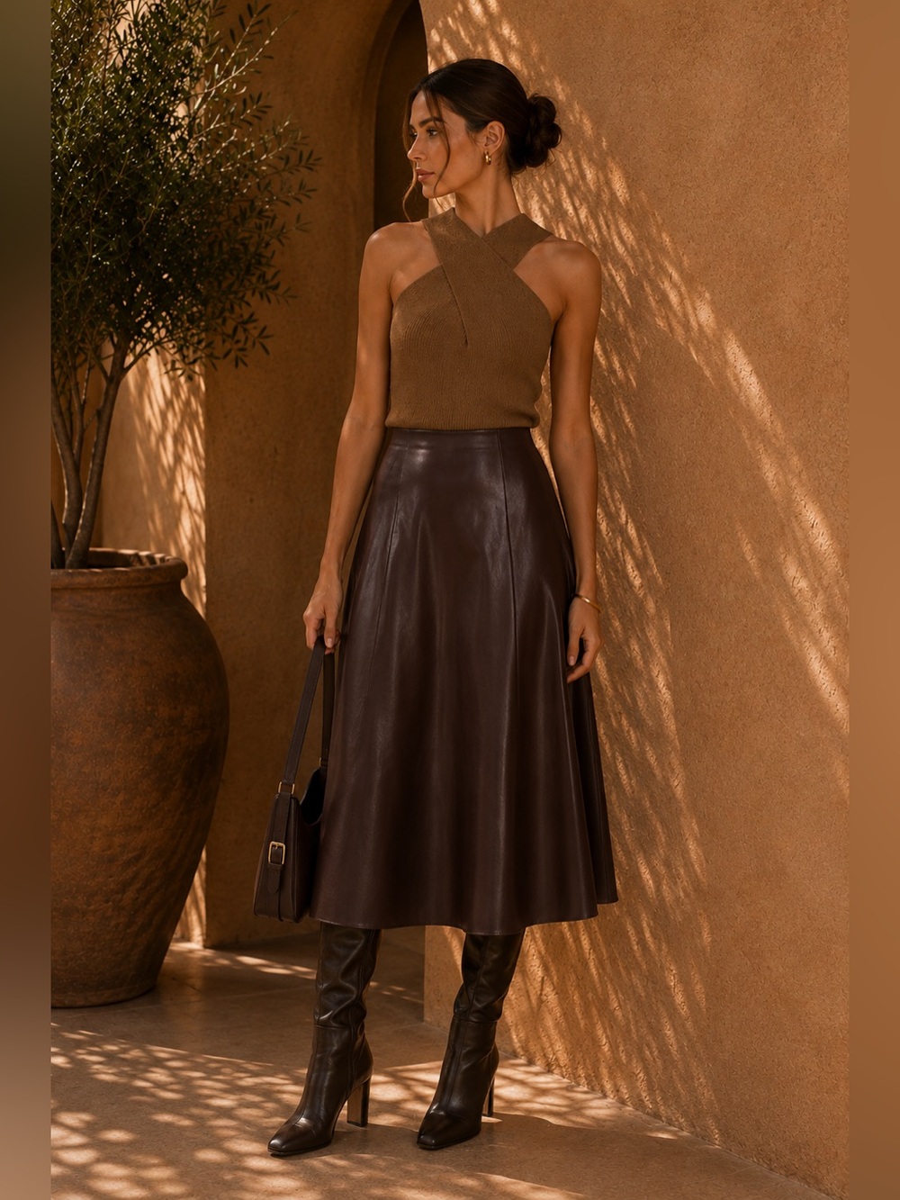 Commense Brown Pleated Faux Leather Midi Skirt S | Fall Midi Skirt